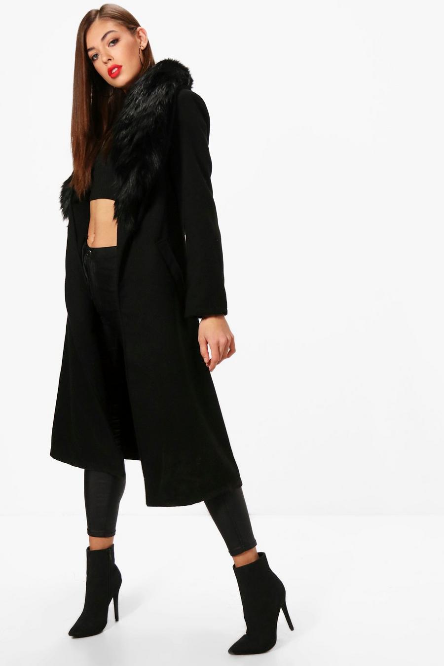 Black Detachable Faux Fur Collar Wool Look Coat image number 1