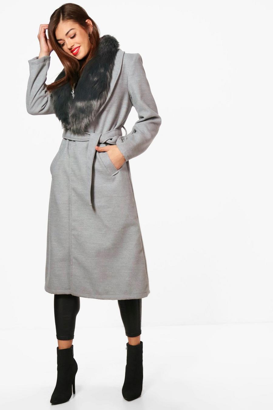 Light grey Detachable Faux Fur Collar Wool Look Coat image number 1