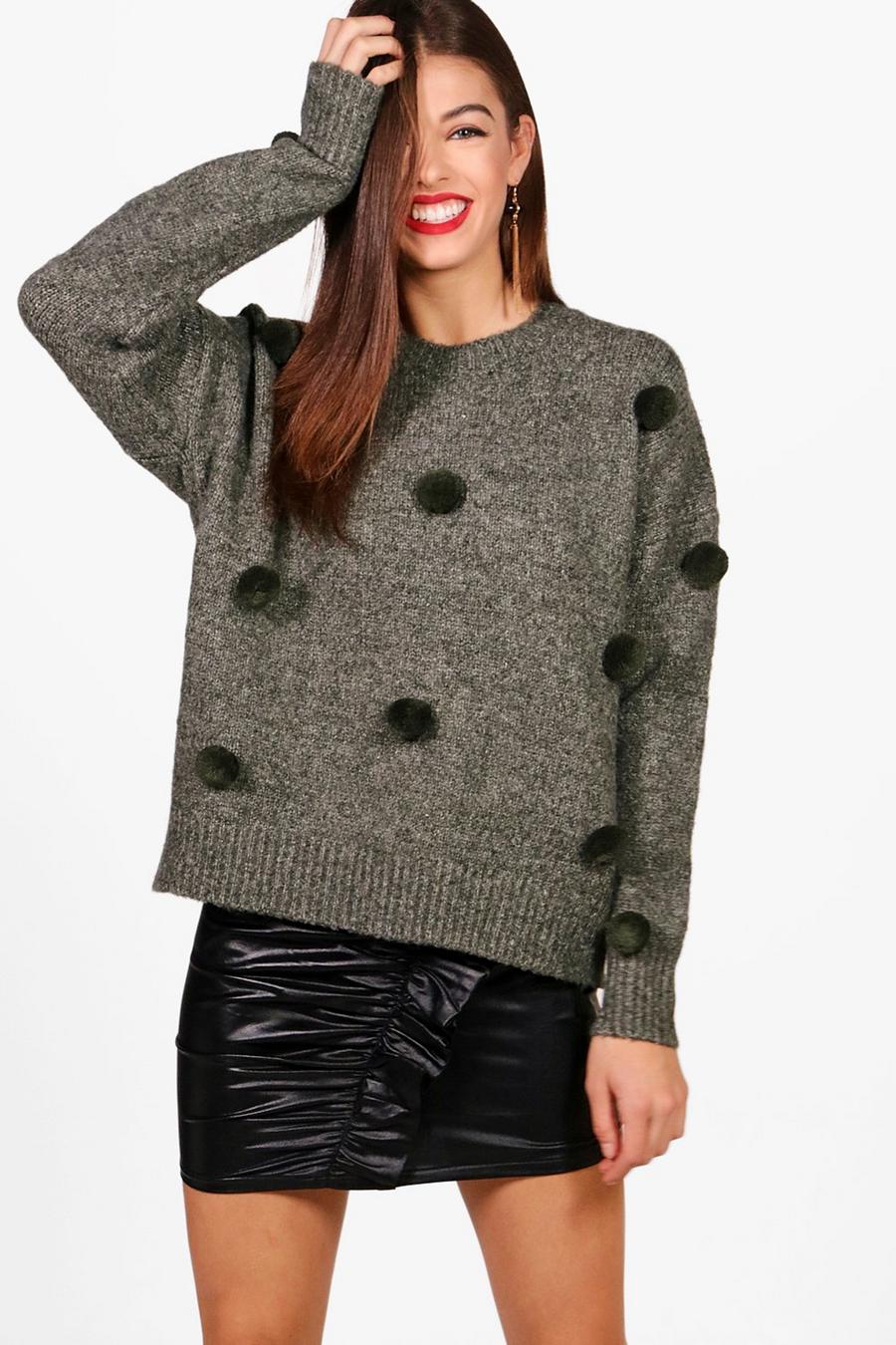 Khaki Pom Pom Chunky Knit Jumper image number 1