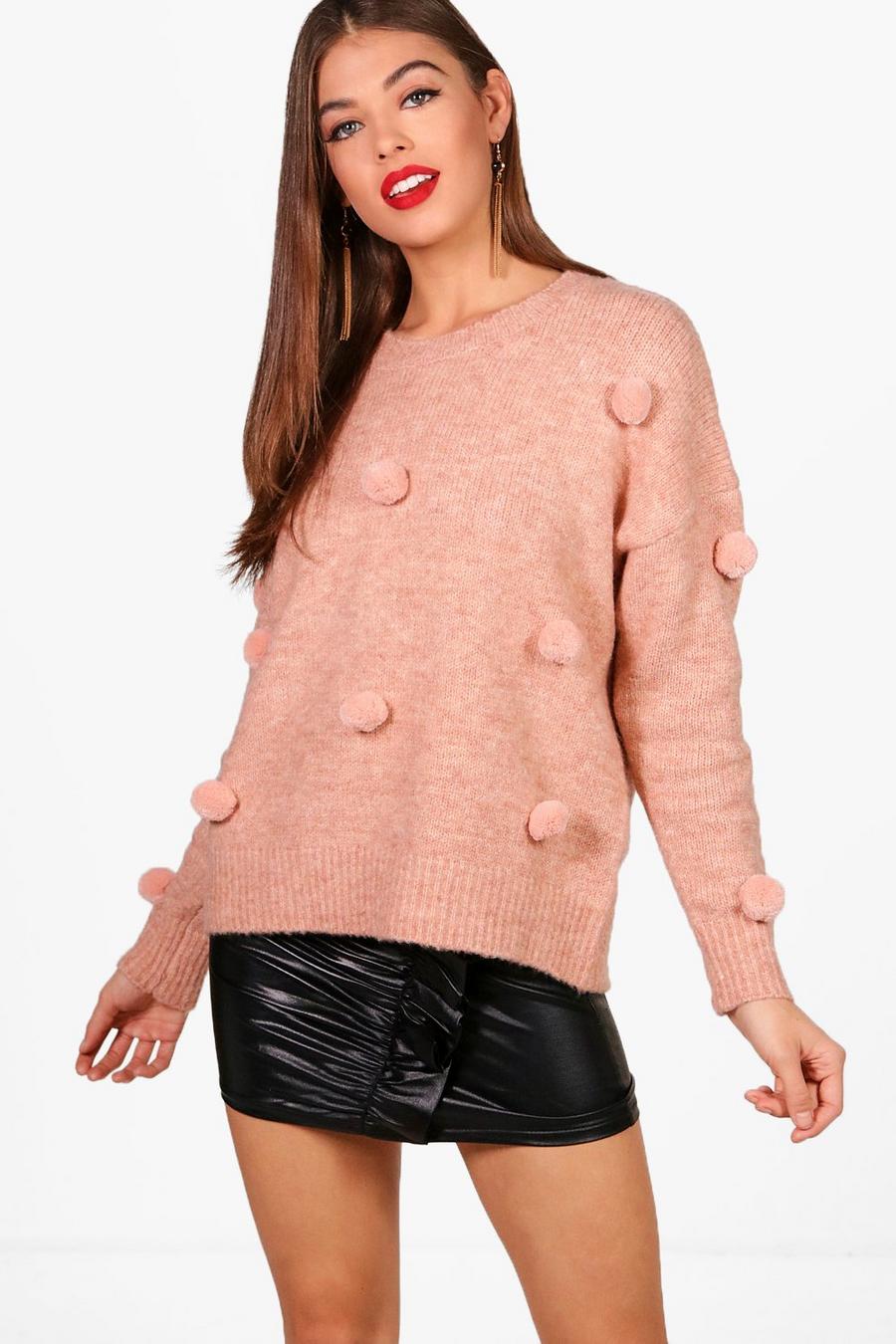 Pink Pom Pom Chunky Knit Sweater image number 1
