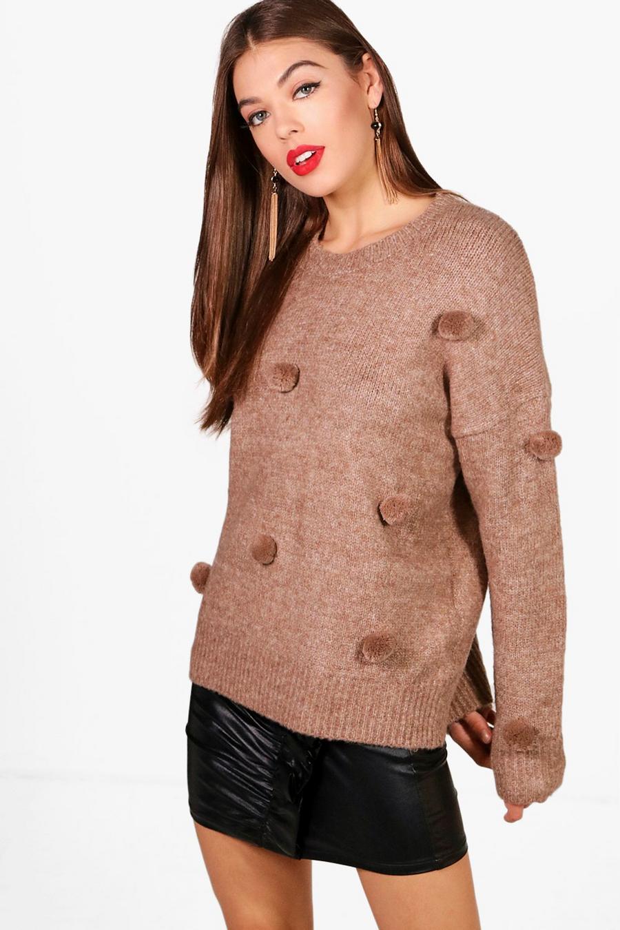 Taupe Pom Pom Chunky Knit Sweater image number 1