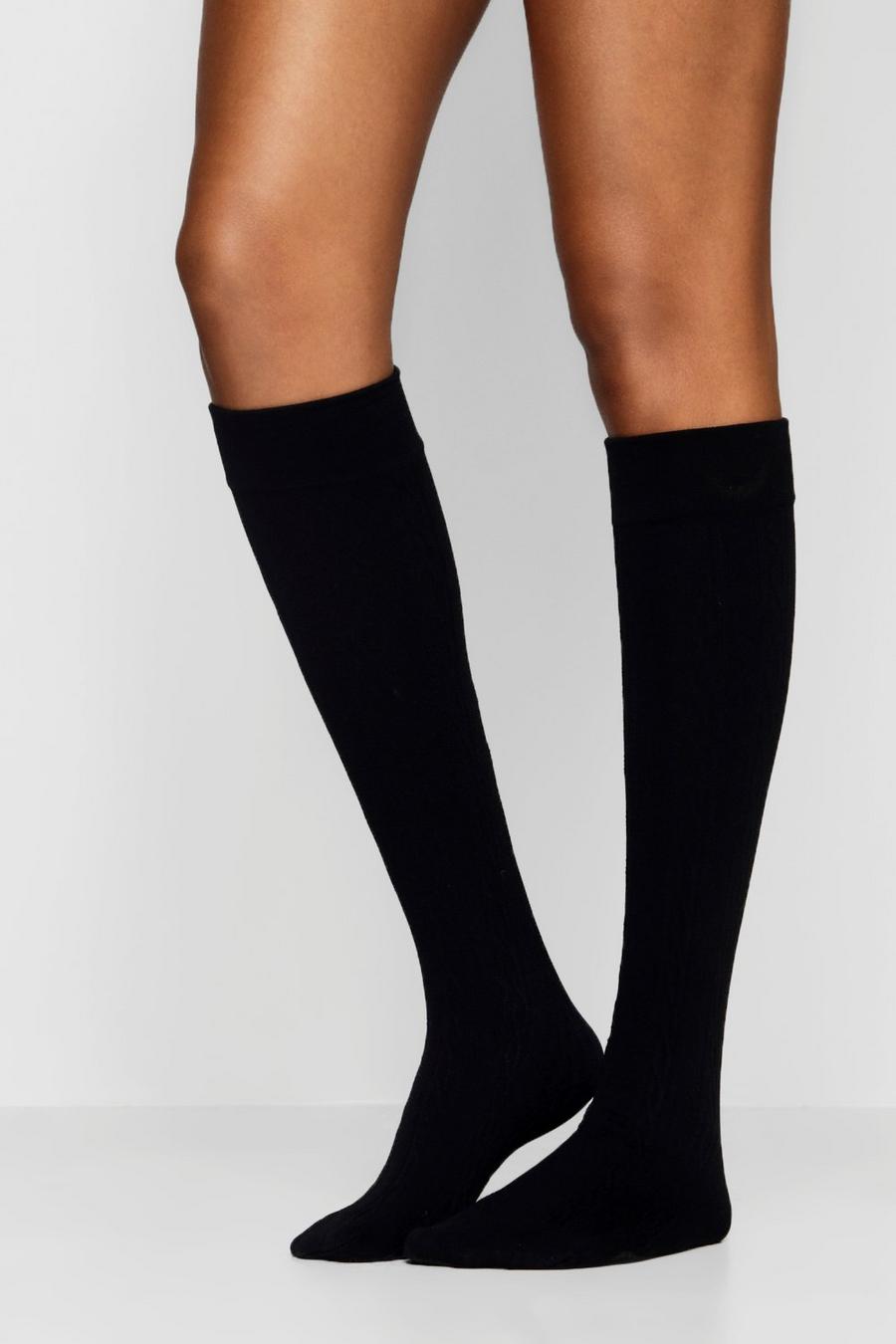 Charlie Cable Knit Thermal Knee High Socks, Black image number 1