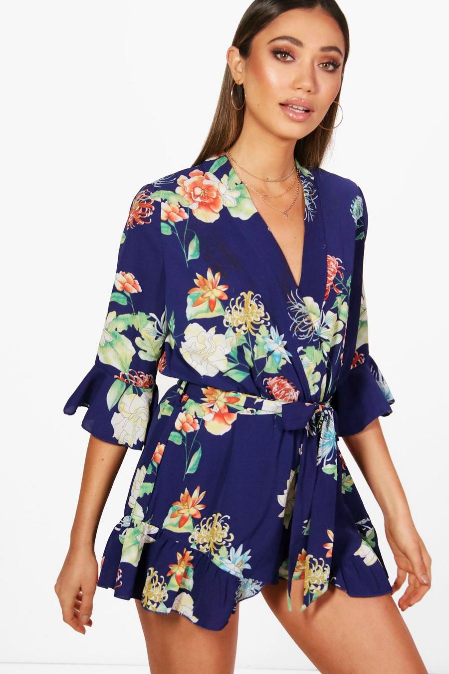 Navy Floral Kimono Style Romper image number 1
