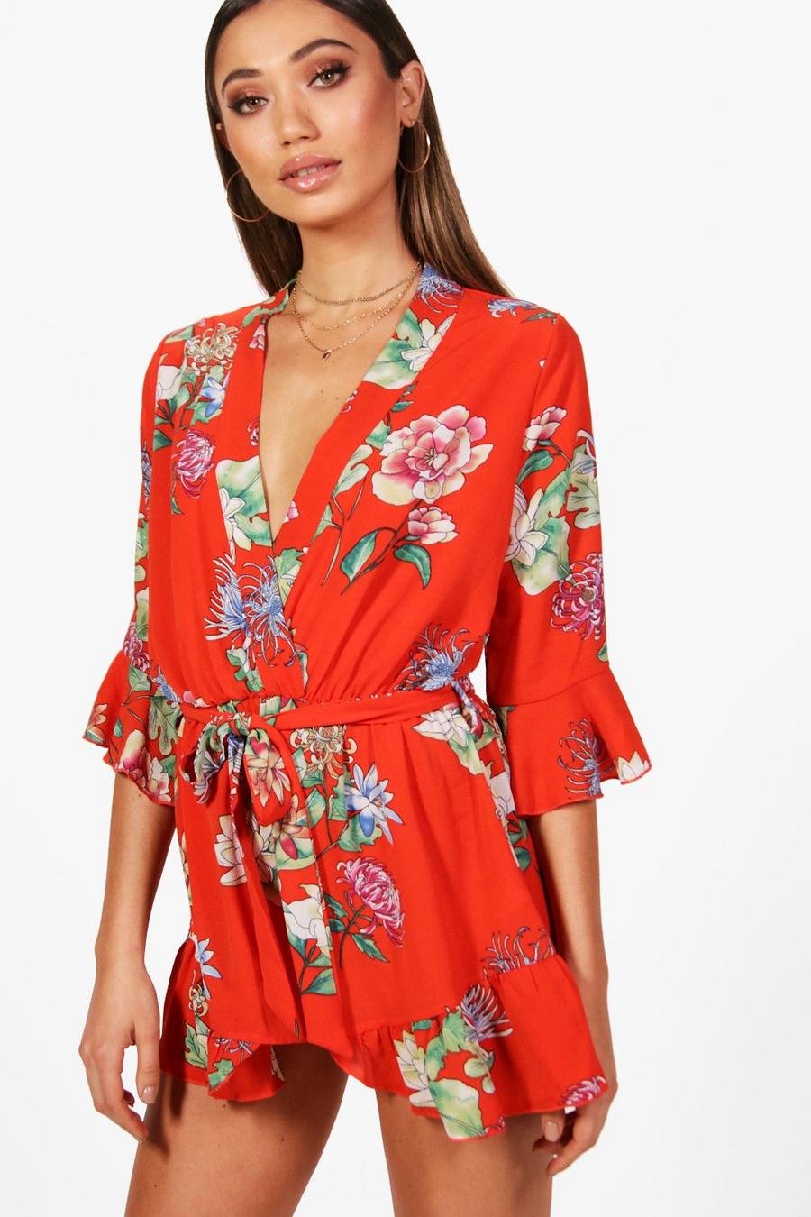 Tutina intera corta stile Kimono con motivi floreali, Arancio image number 1