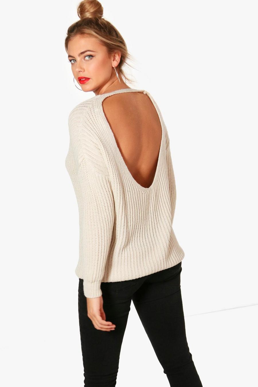 Cream Low V Back Knitted Sweater image number 1