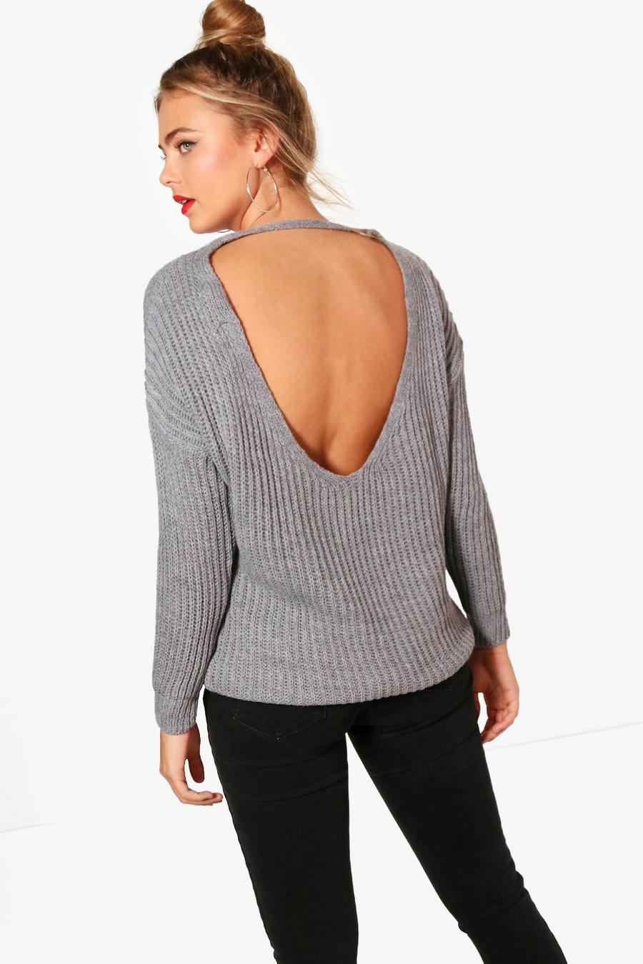 Light grey Low V Back Knitted Sweater image number 1