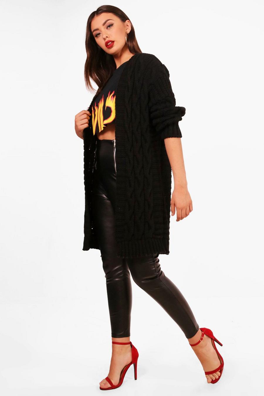 Chunky Cable Knit Cardigan, Black image number 1