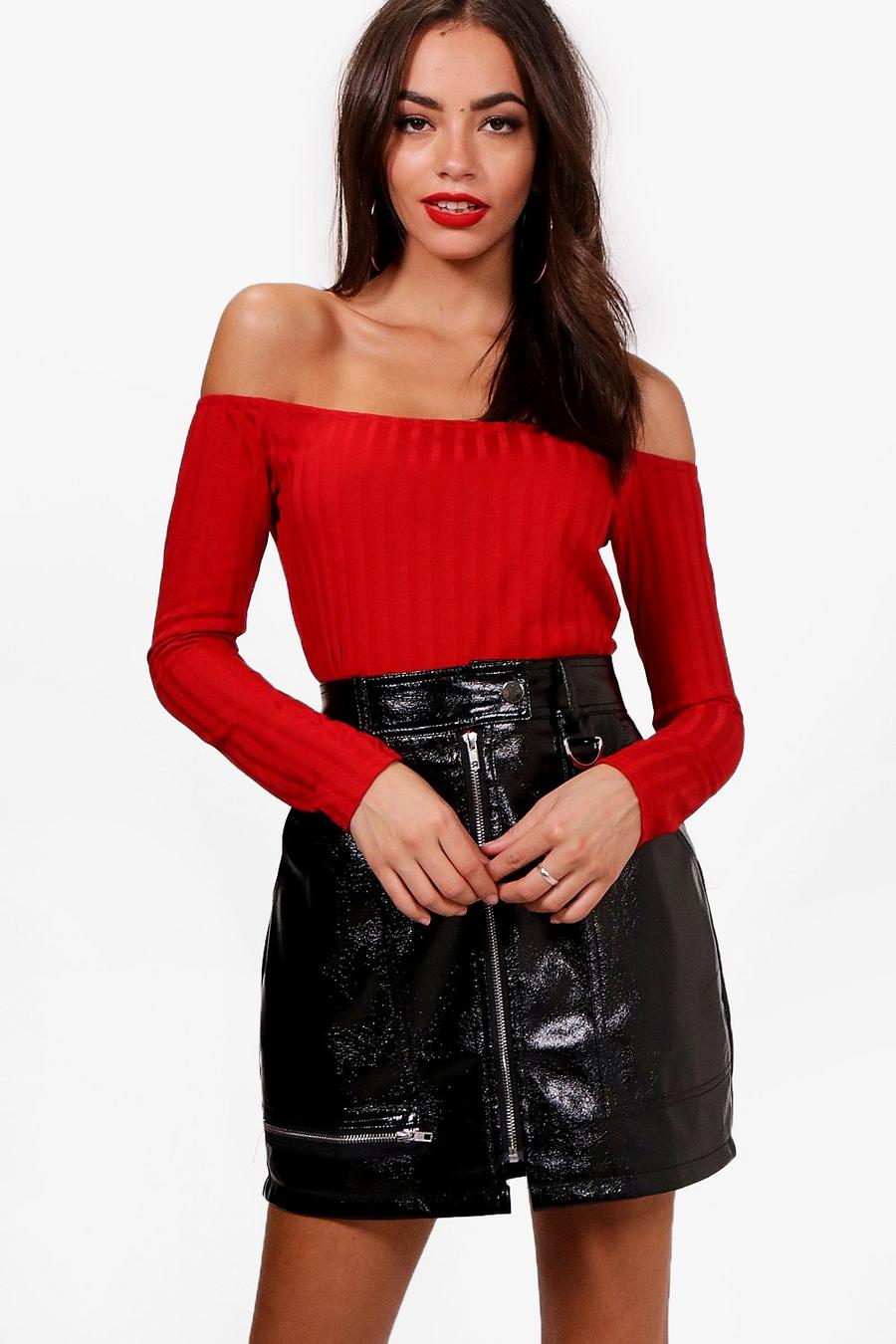 Red Rib Knit Off The Shoulder Top image number 1