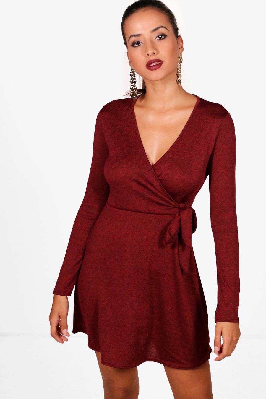 Knitted Wrap Dress, Wine image number 1