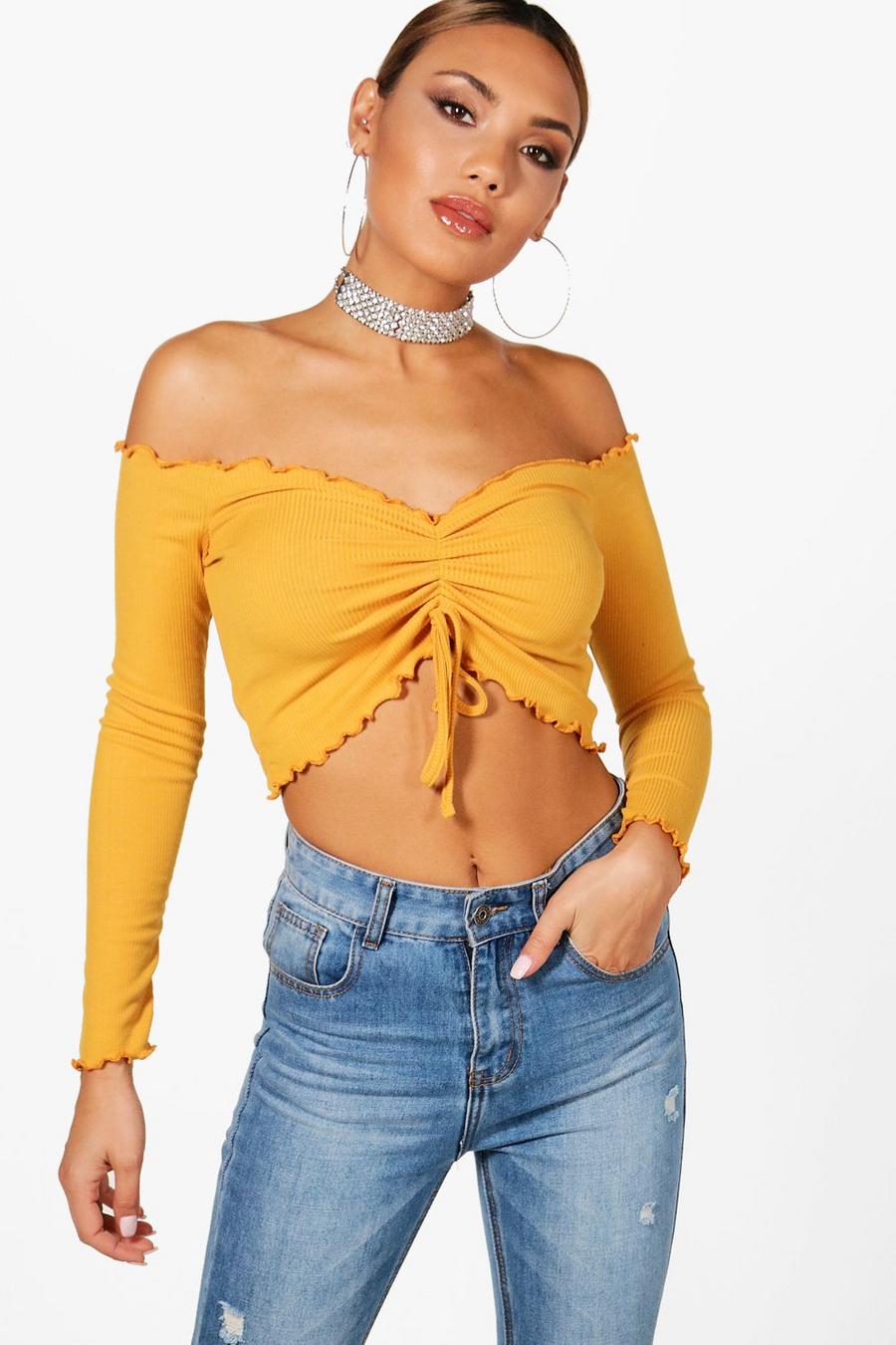 Crop Top mit geraffter Vorderseite und Rollsaum, Senfgelb image number 1