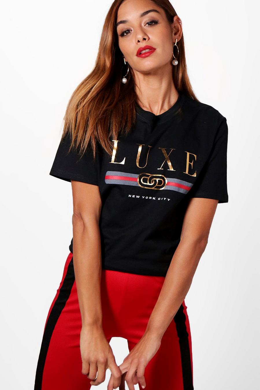 Luxe Metallic Slogan T Shirt, Black image number 1