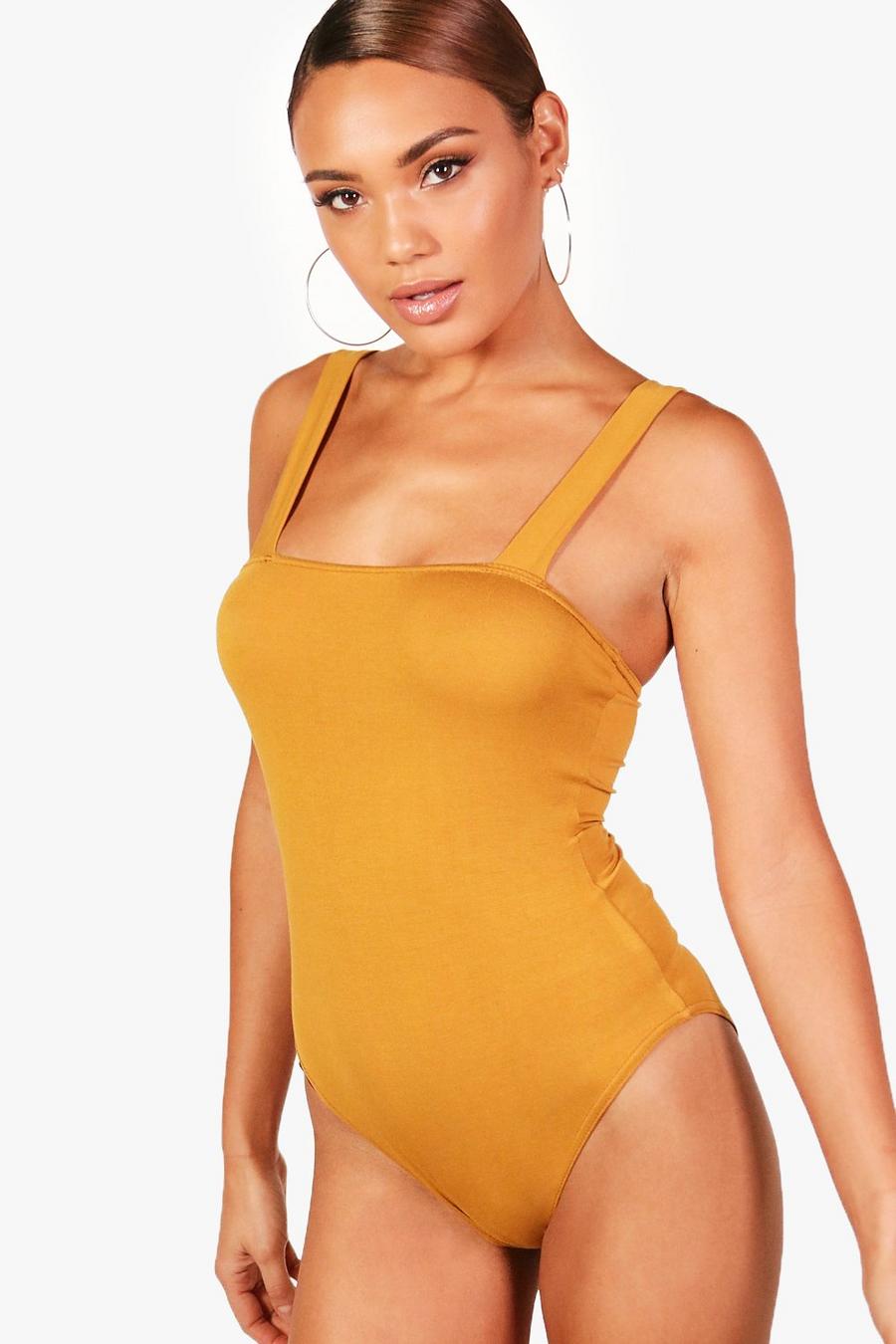 Thick Strap Square Neck Bodysuit, Mustard image number 1