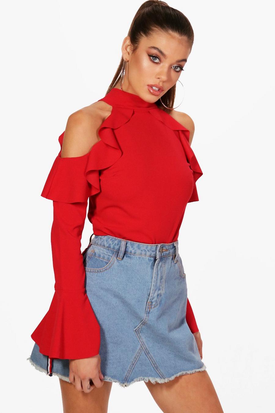 Thea High Neck Ruffle Cold Shoulder Top image number 1