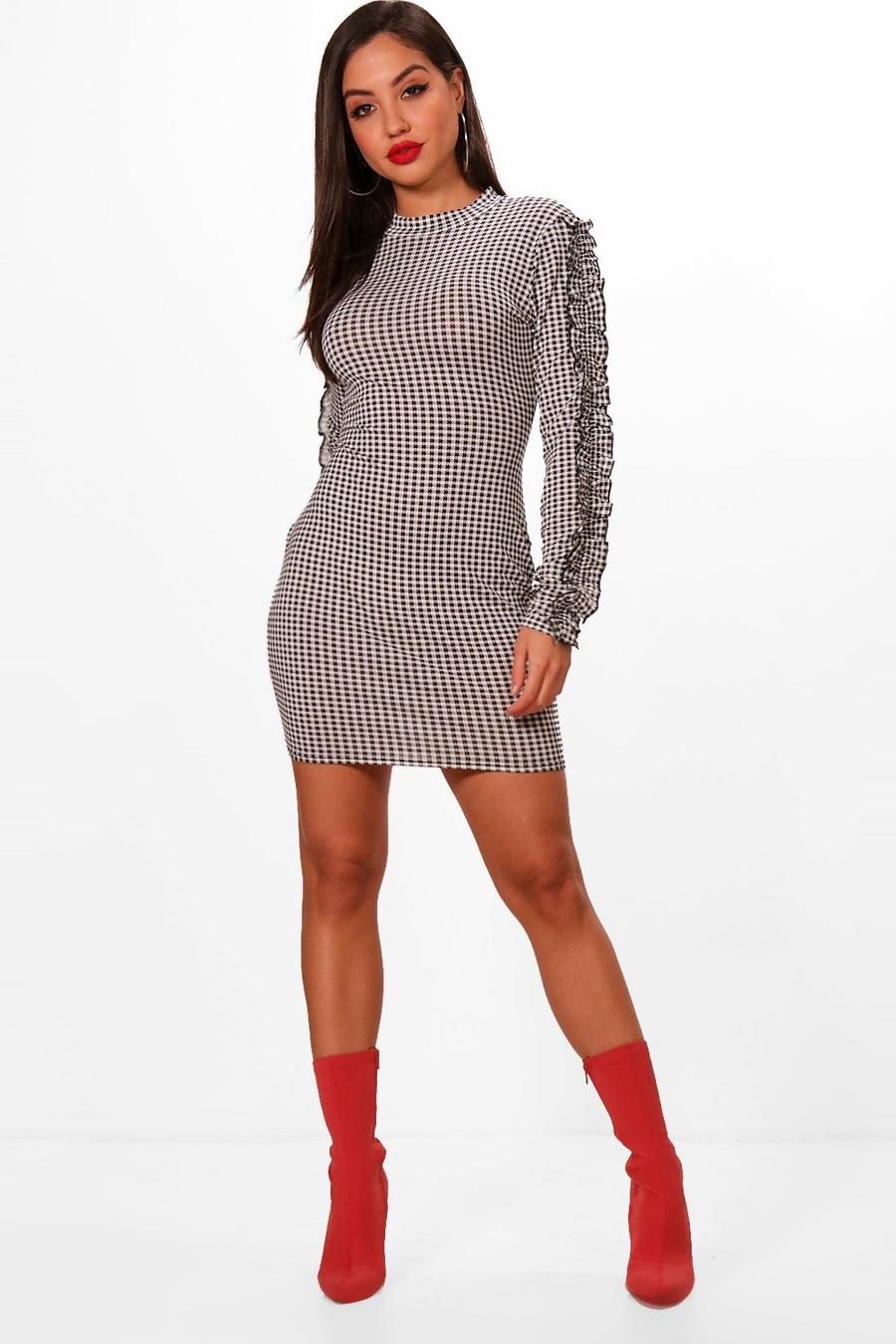High Neck Dogtooth Frill Bodycon Dress image number 1