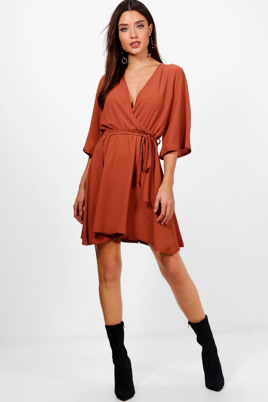 Terracotta Wrap Front Belted Wide Sleeve Dress image number 1