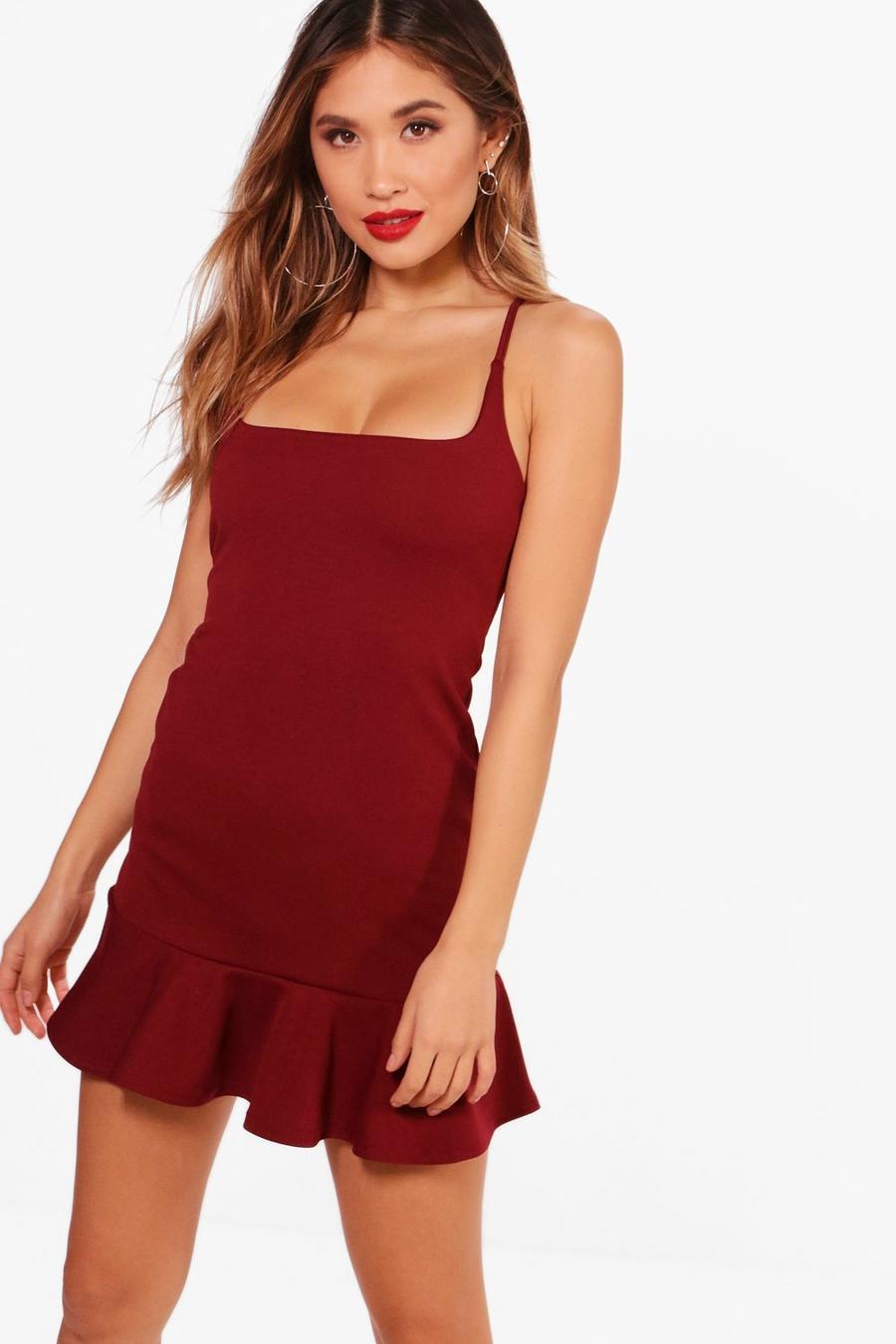 Berry Square neck Frill Hem Bodycon Dress image number 1