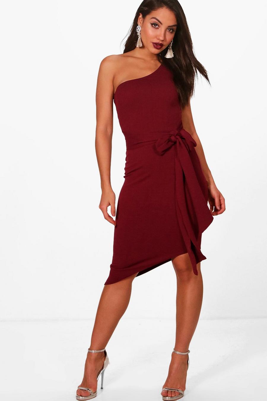 Berry One shoulder Asymmetric Bodycon Dress image number 1