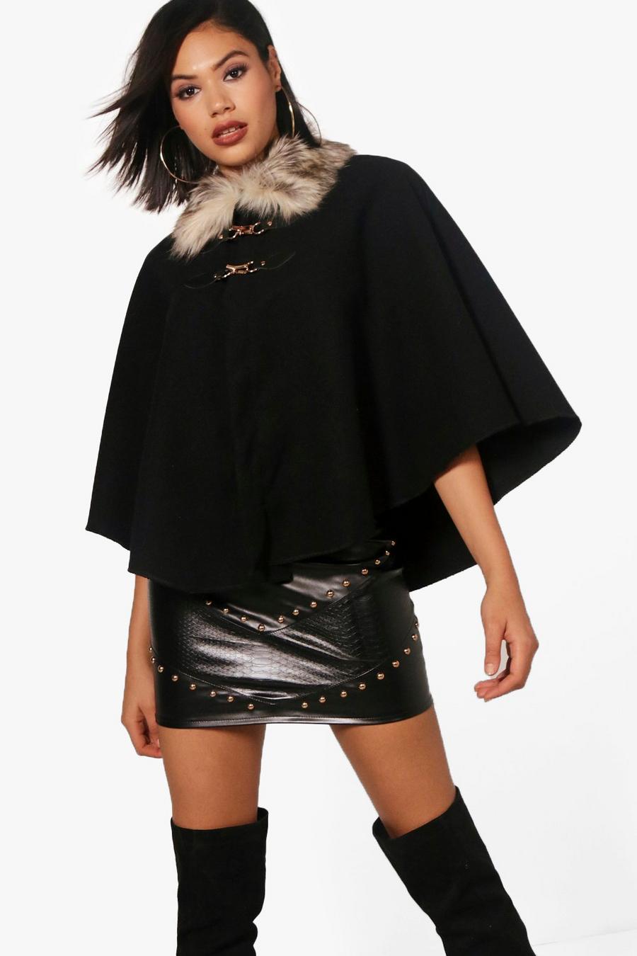 Naomi Faux Fur Collar Cape, Black image number 1