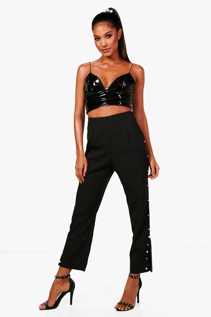 Black Woven Pearl Detail Pants image number 1