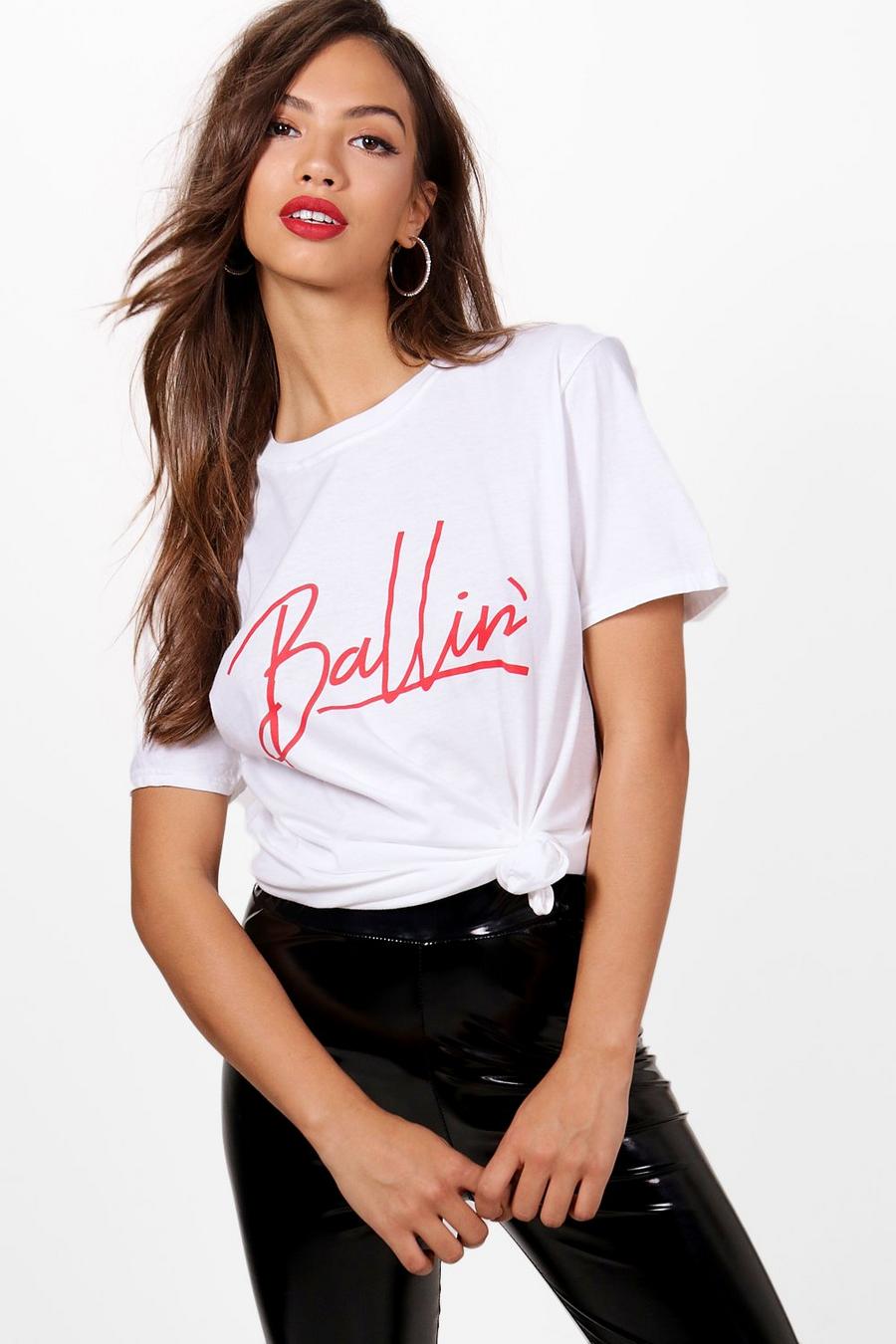 Camiseta extragrande con eslogan “Ballin”, Blanco image number 1
