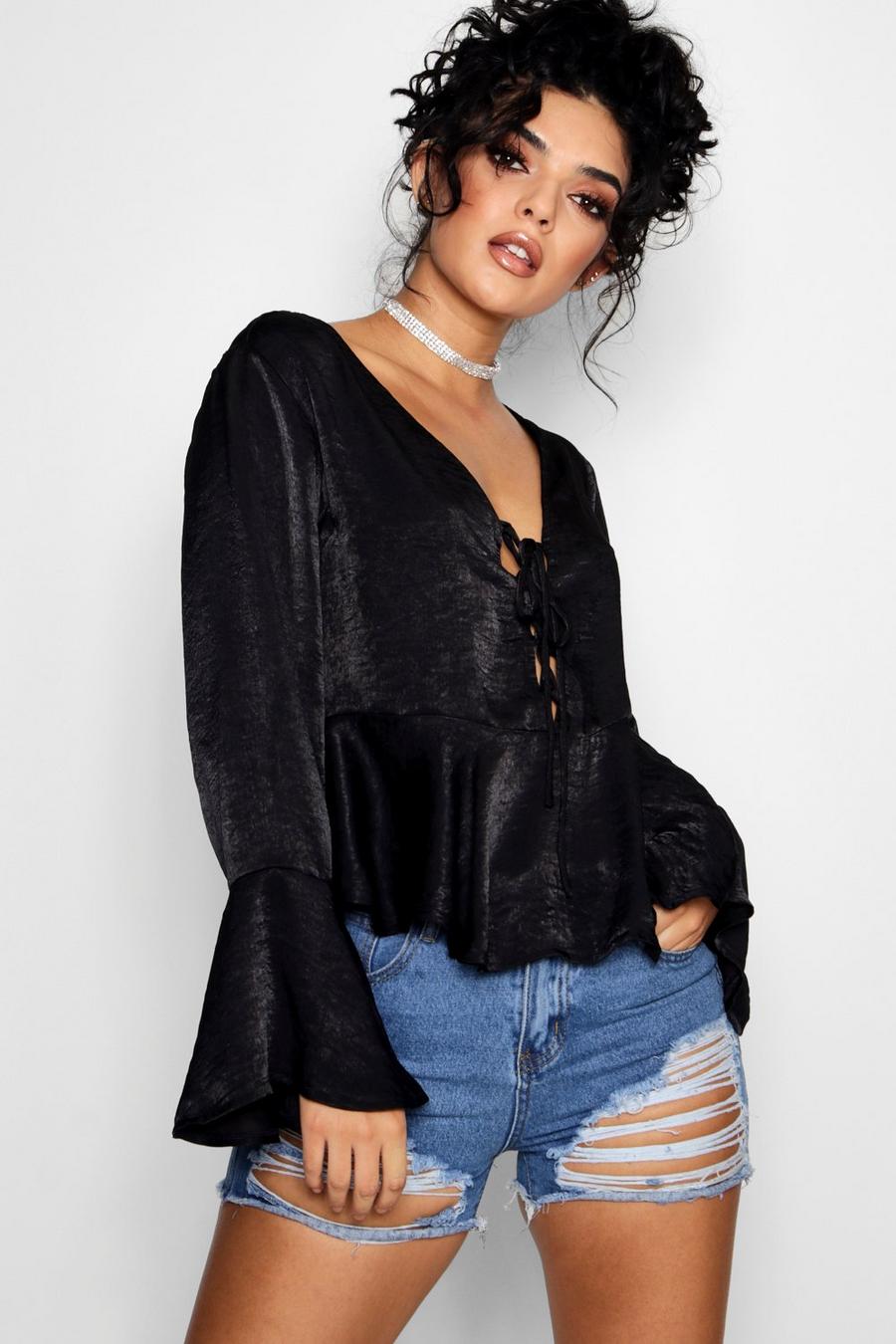 Woven Lace Up Flare Sleeve Peplum Blouse, Black image number 1