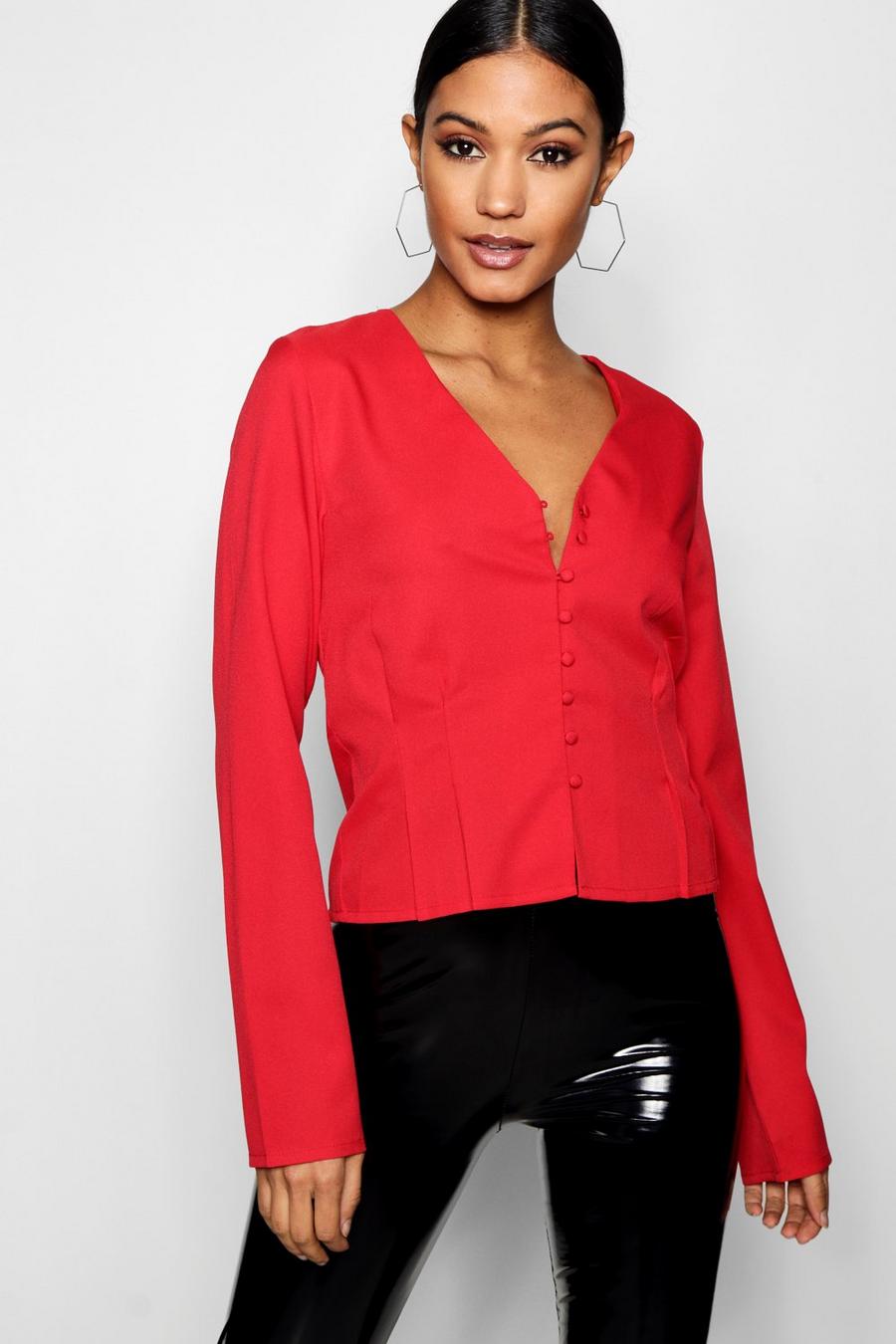 Red Button Detail Crop Blouse image number 1