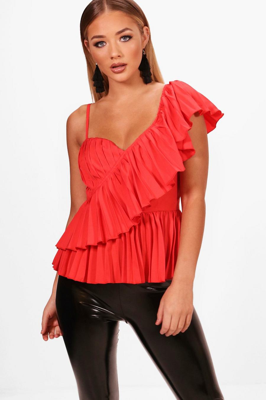 Red Asymmetric Pleat Ruffle Top image number 1