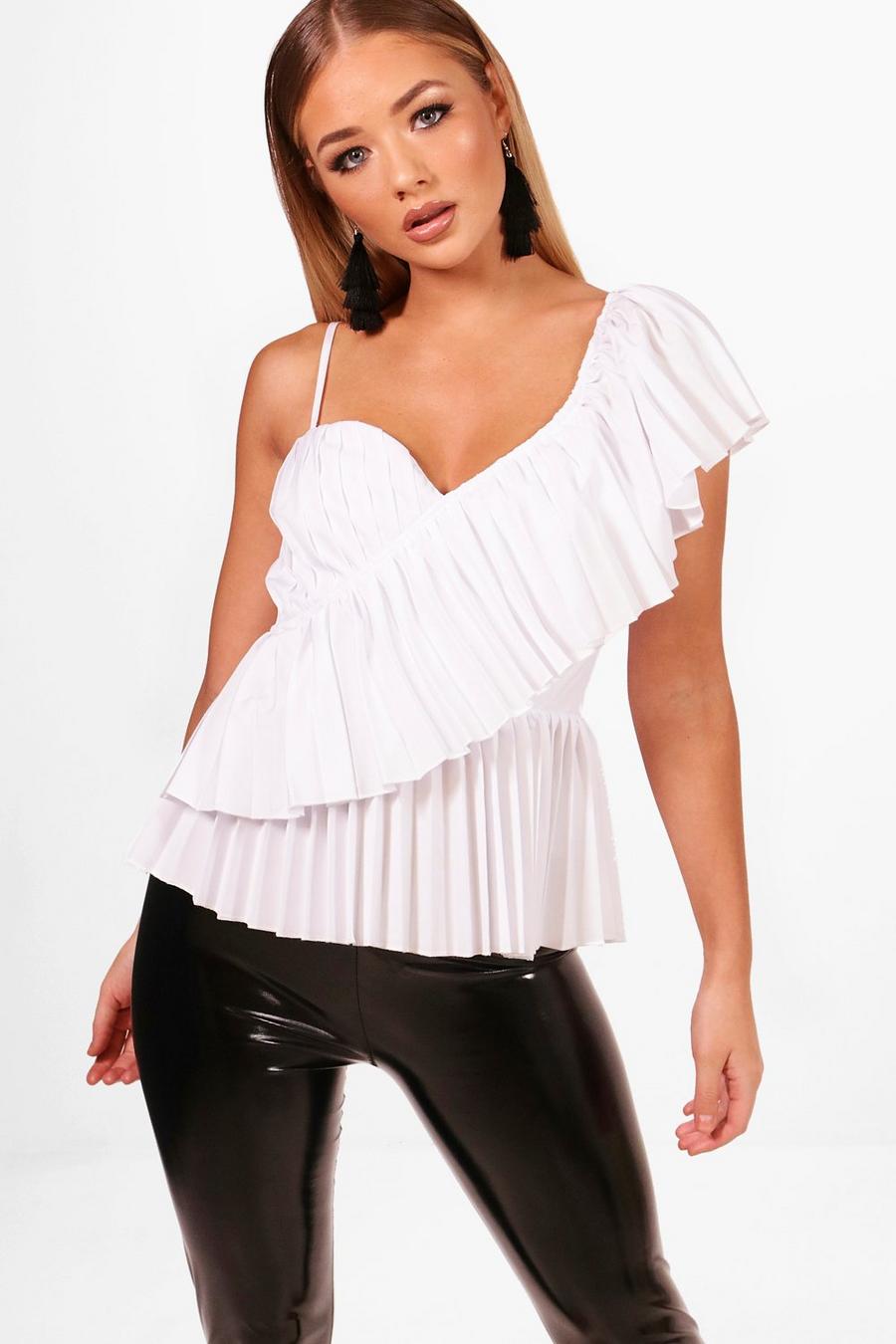 White Asymmetric Pleat Ruffle Top image number 1