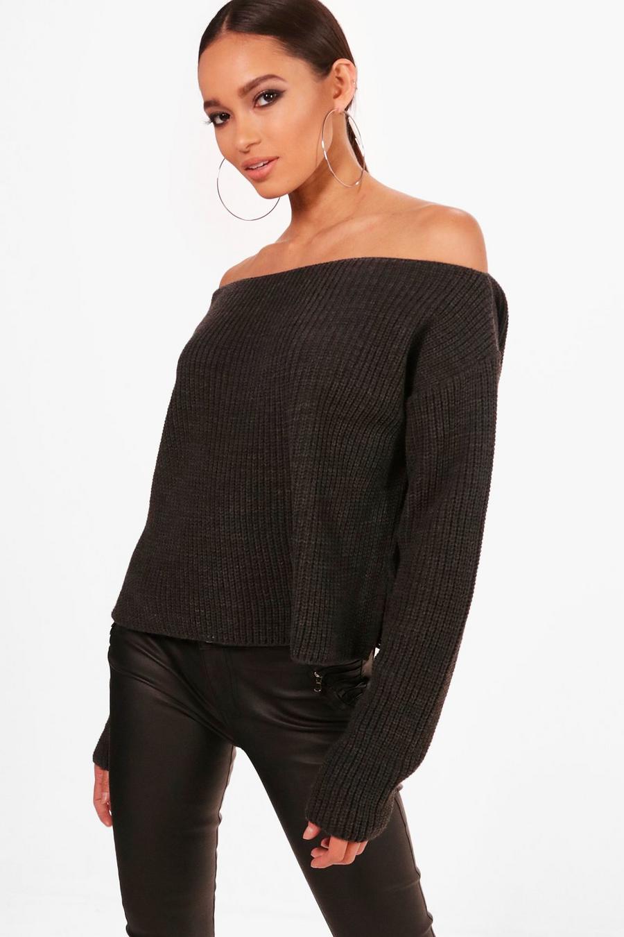 Charcoal Off The Shoulder Slouchy Sweater image number 1