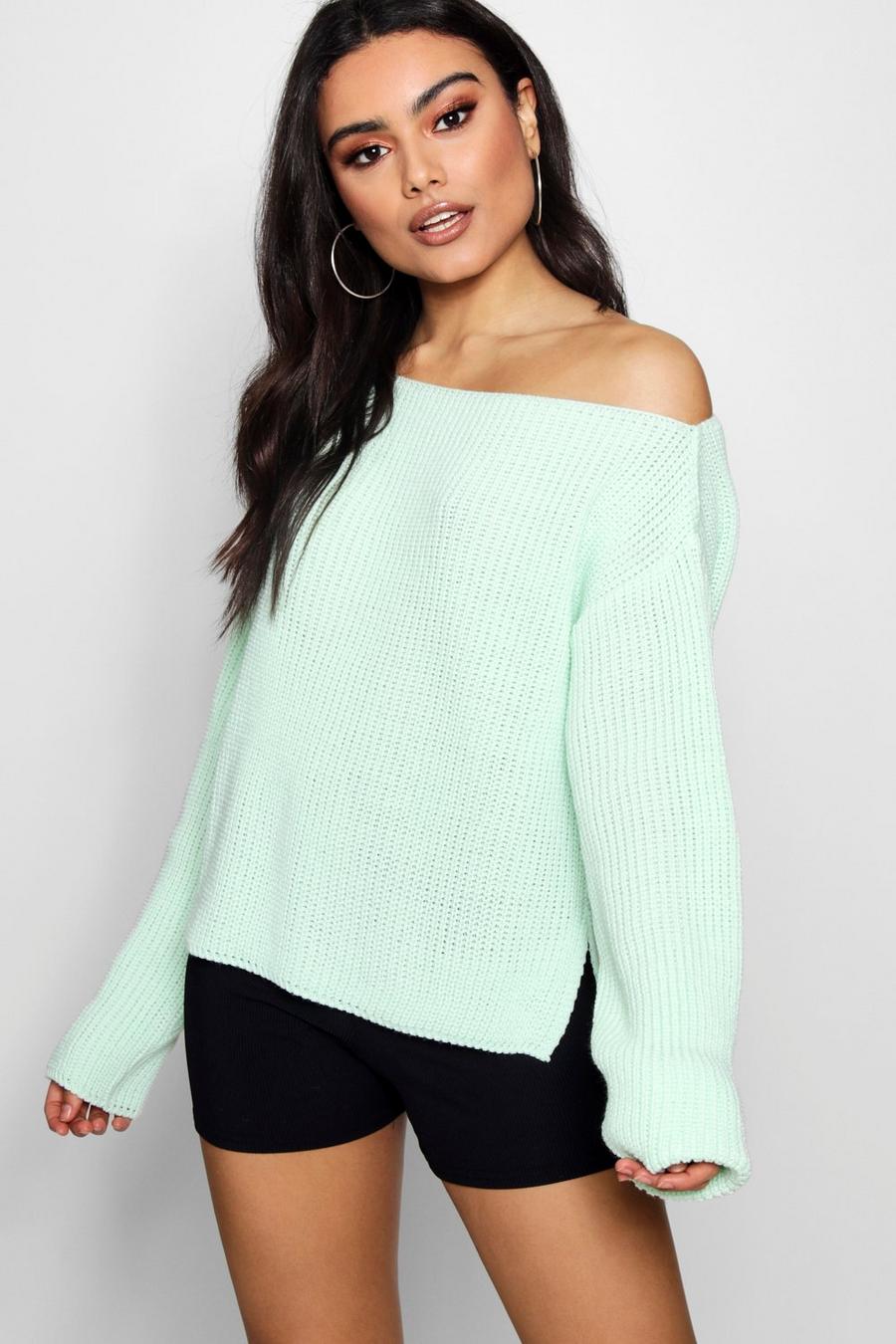 Mint Off The Shoulder Slouchy Sweater image number 1
