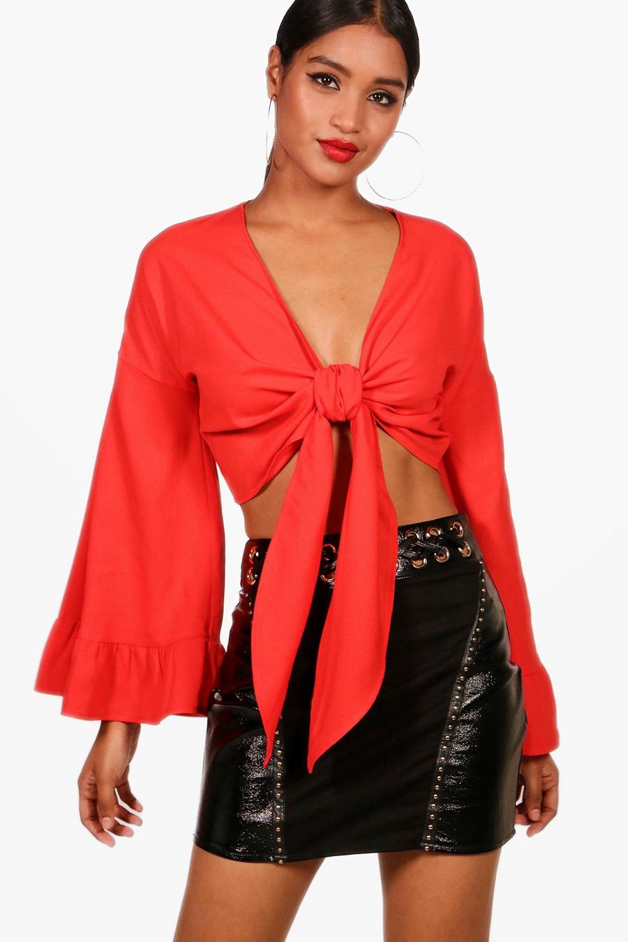Tie front Flare Sleeve Crop, Red image number 1
