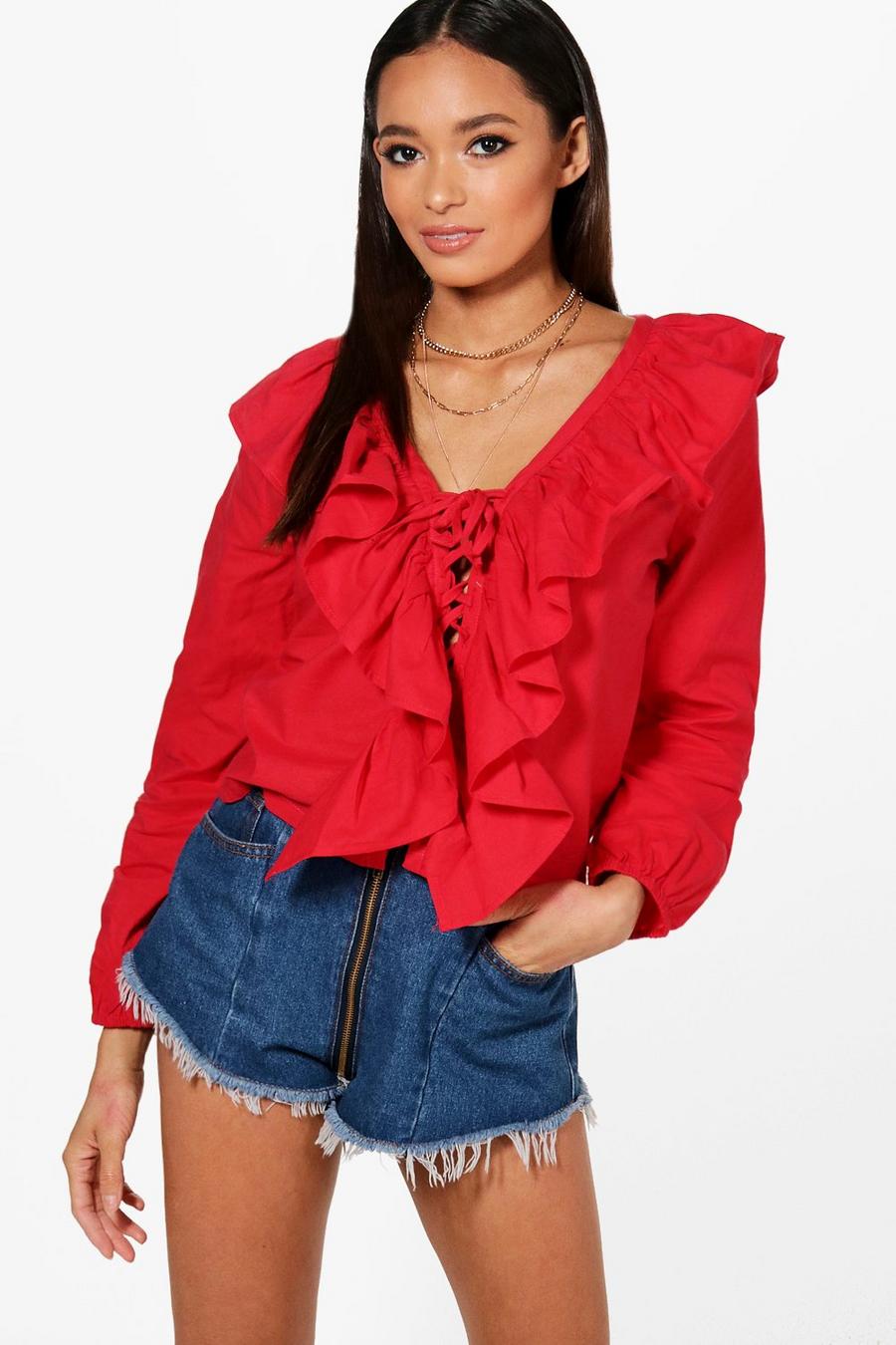Red Plunge Lace Up Woven Ruffle Blouse image number 1