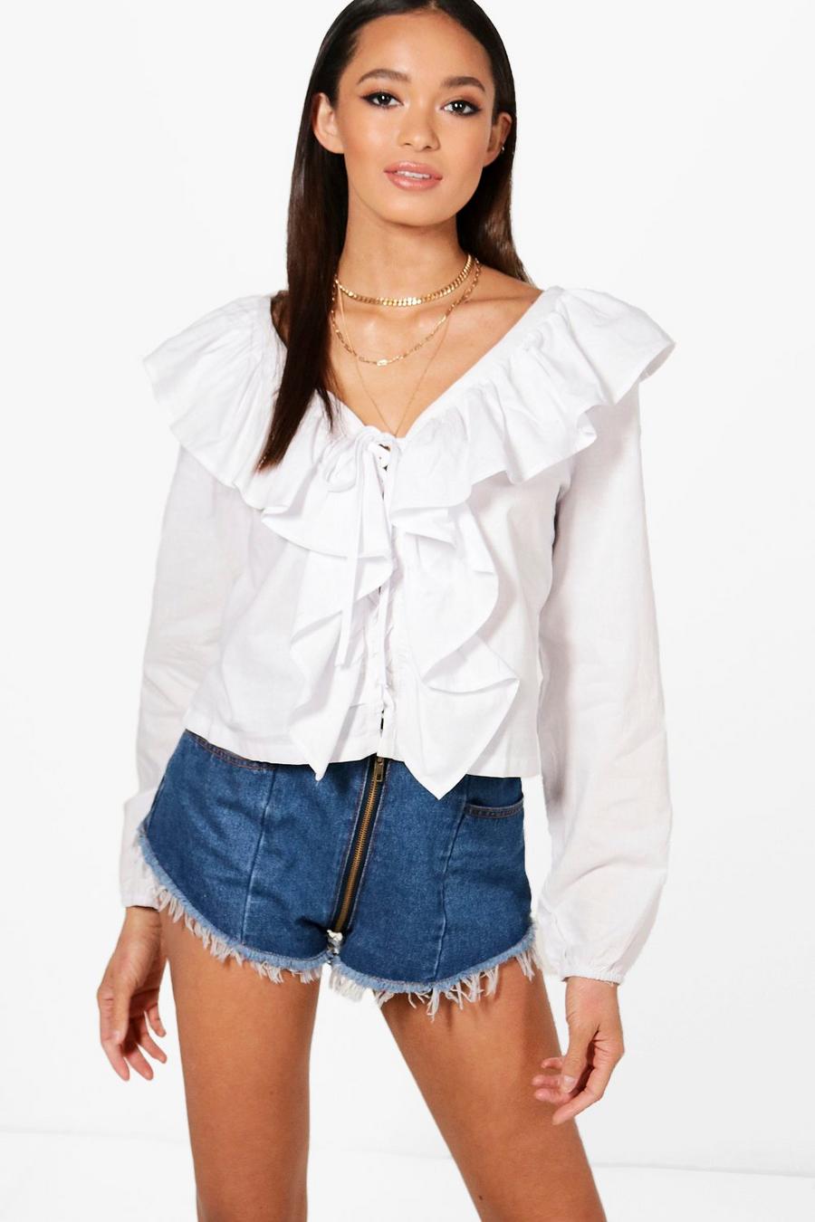 White Plunge Lace Up Woven Ruffle Blouse image number 1
