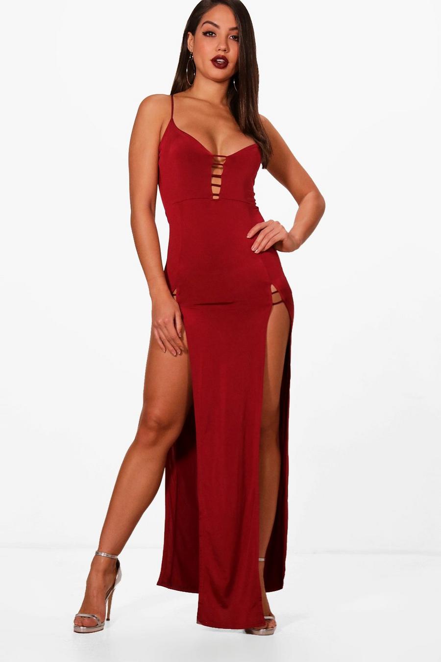 Strappy Plunge Double Split Maxi Dress, Berry image number 1