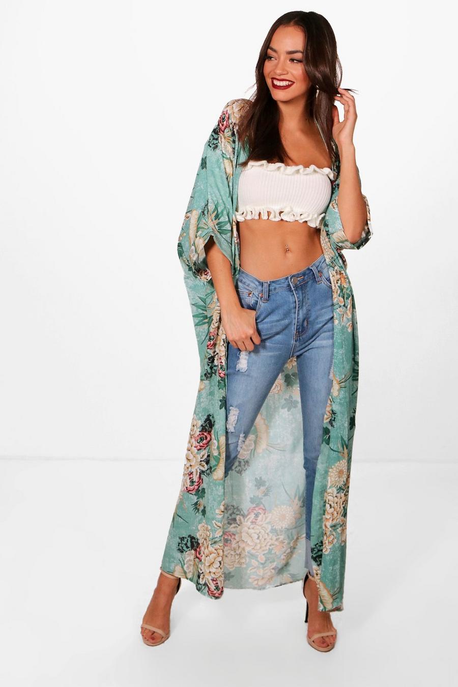 Green Maxi Kimono Met Oriëntaalse Bloemenprint image number 1