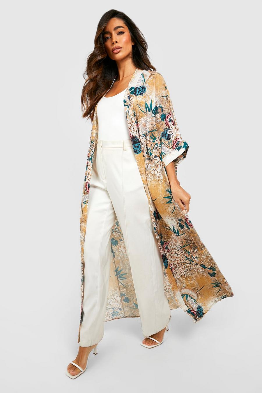 Kimono maxi con stampa a fiori, Senape image number 1