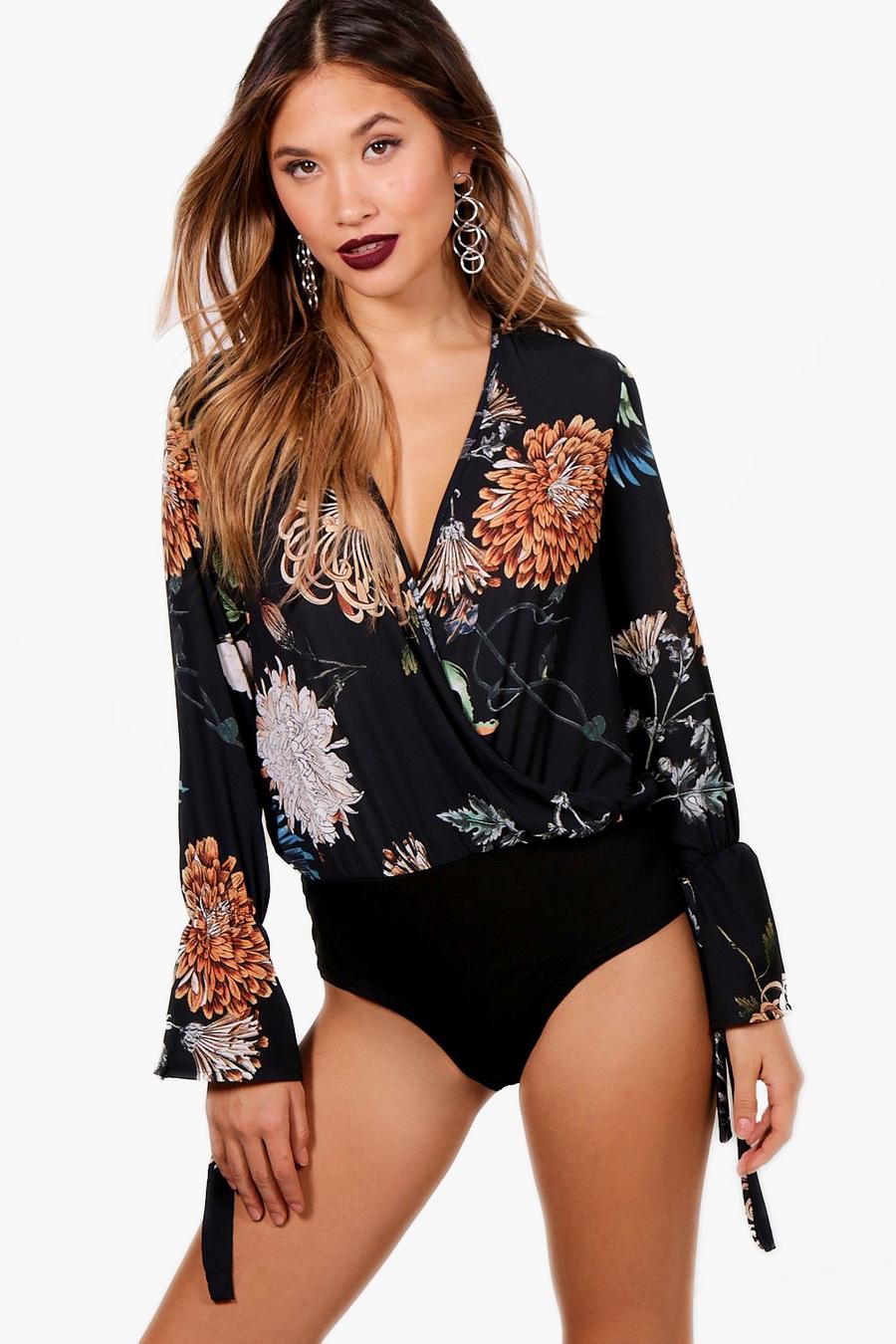Wrap Over Bird And Floral Print Bodysuit image number 1