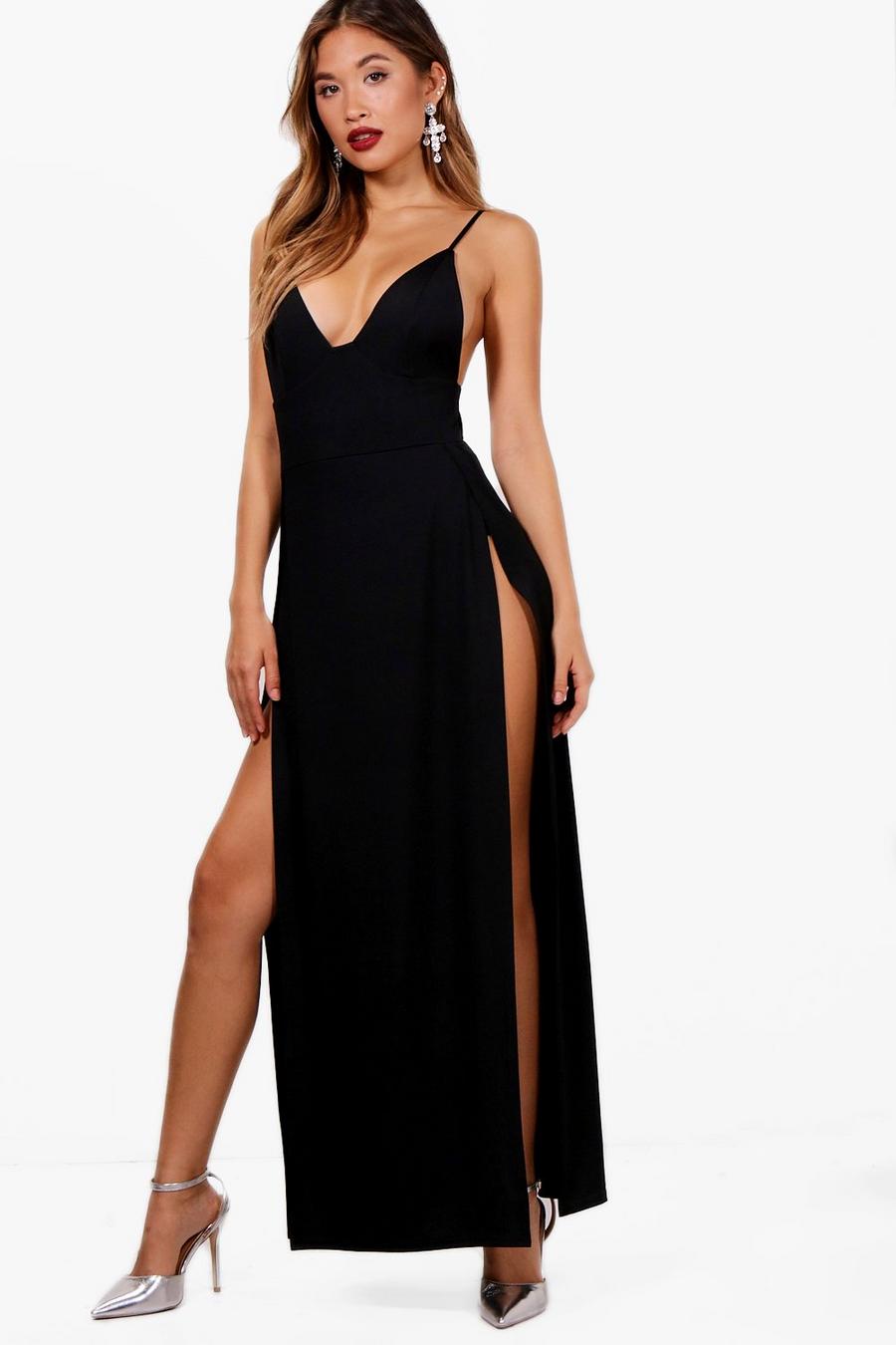 Plunge Neck Super High Split Maxi Dress, Black image number 1