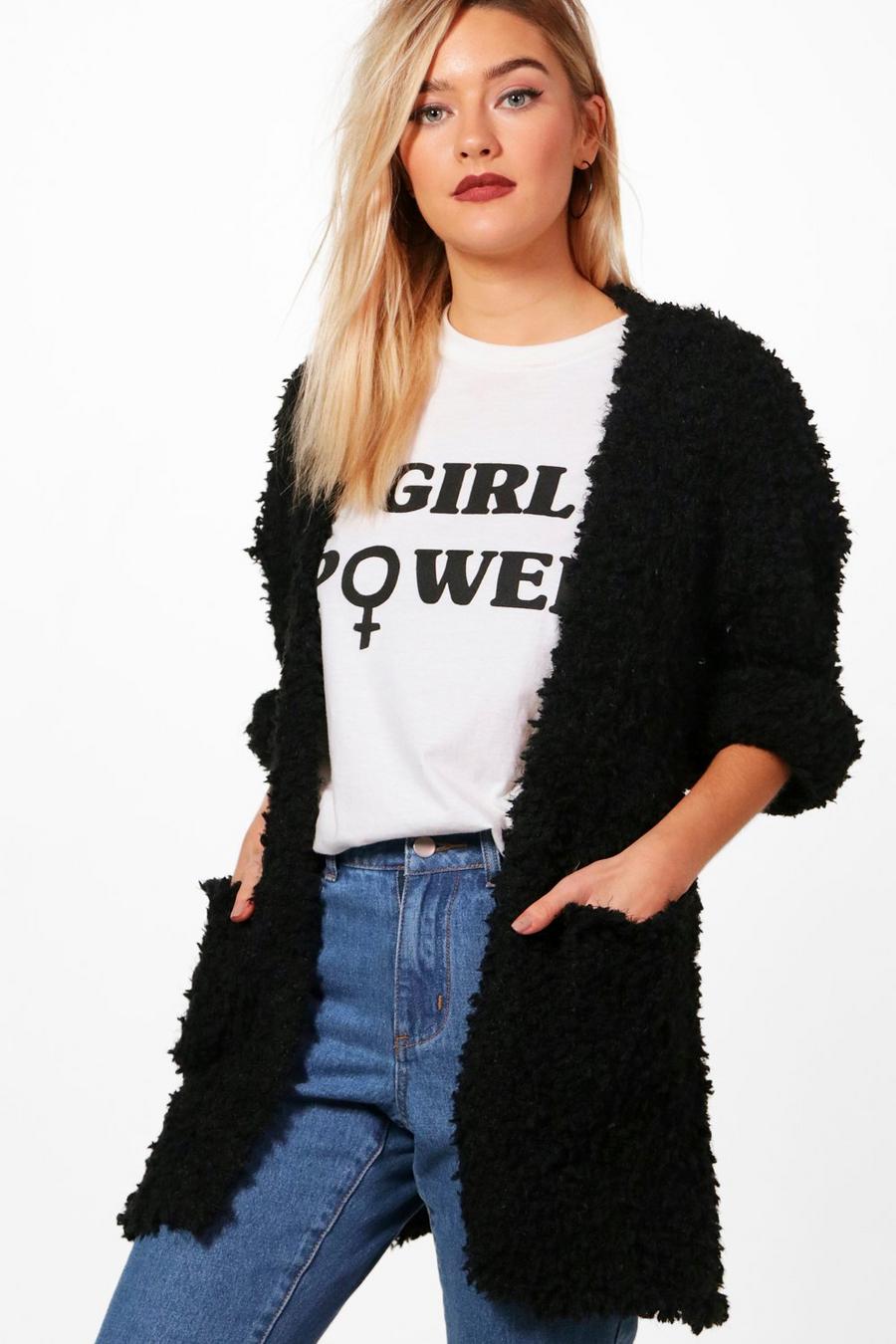 Fluffy Sherpa Knitted Cardigan, Black image number 1