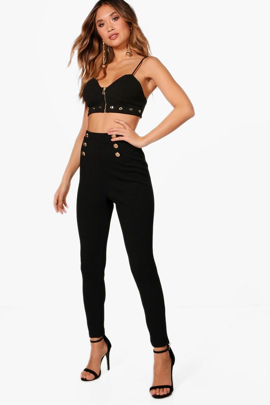 High Waist Button Front Slim Fit Trousers, Black image number 1