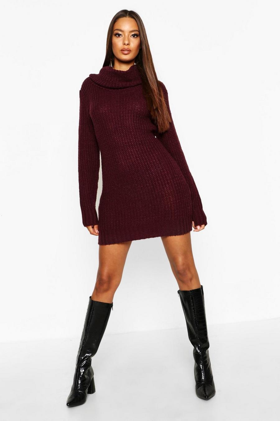 Burgundy Oversized Soft Knit Cowl Neck Sweater Dress image number 1