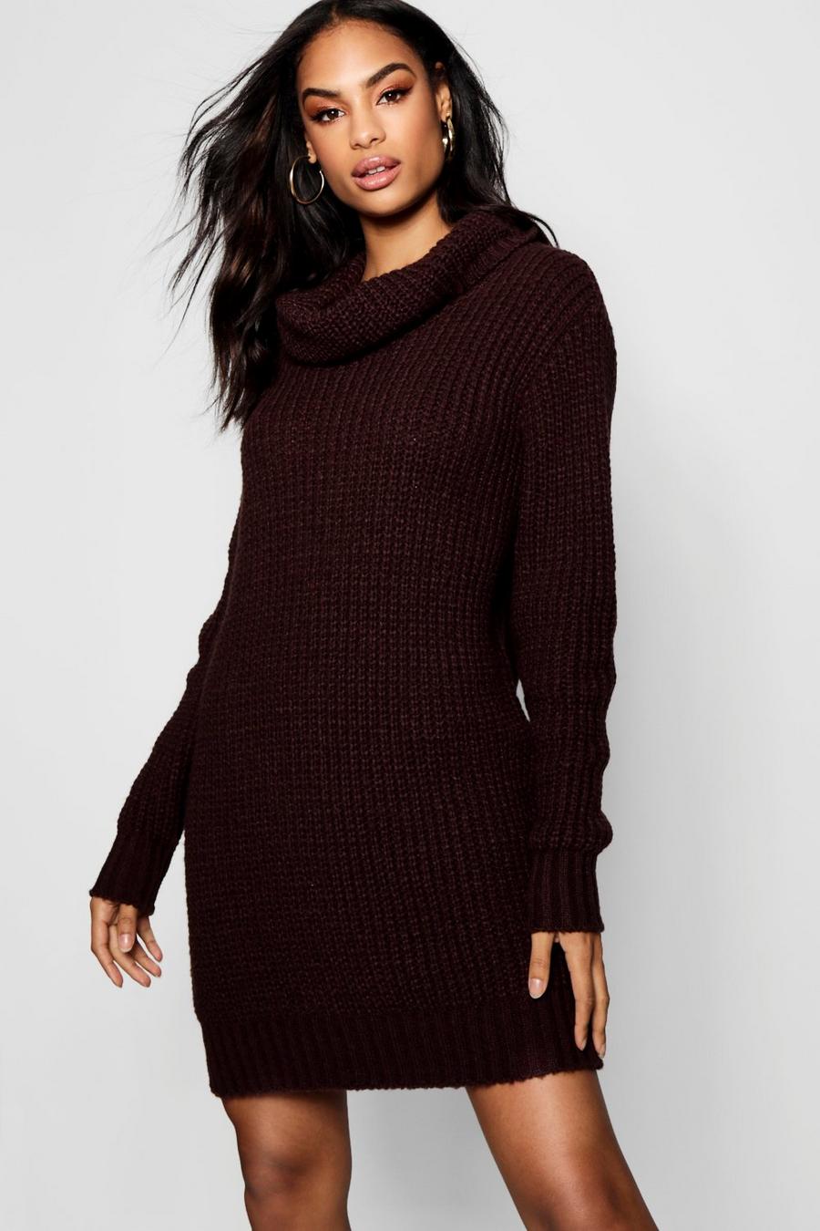 Chocolate Oversized Soft Knit Cowl Neck Sweater Dress image number 1