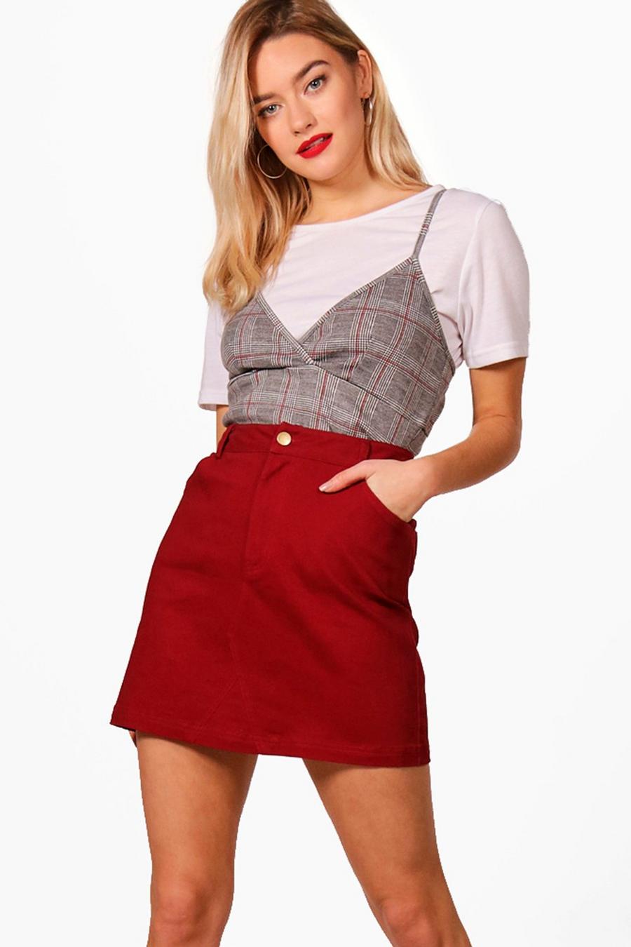 Burgundy Micro Mini Coloured Denim Skirt image number 1