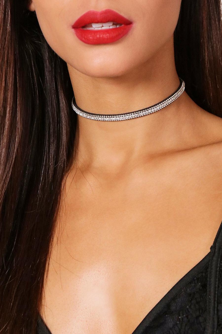 Silver Layered Diamante Bling Choker Necklace image number 1