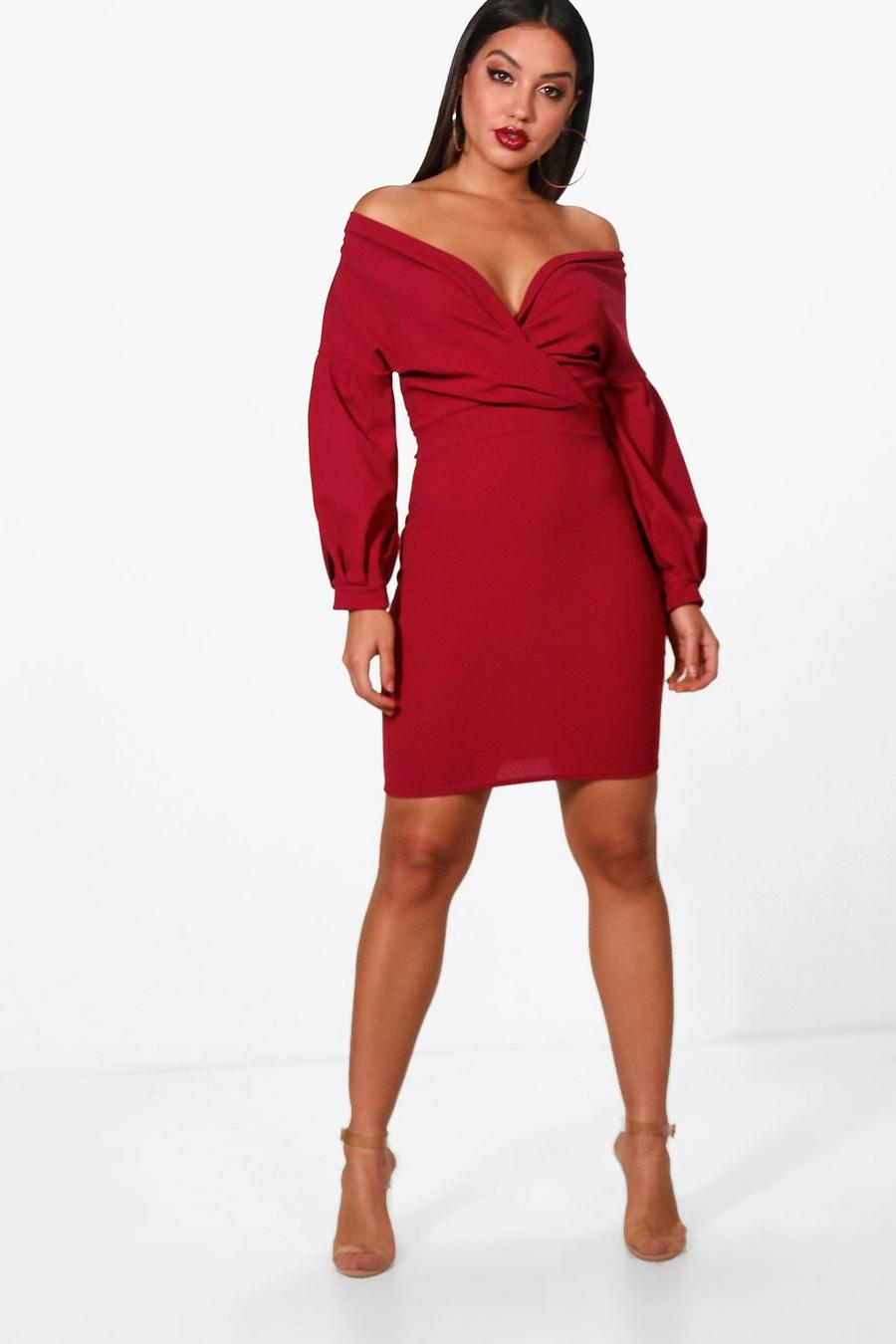 Berry Off The Shoulder Wrap Bodycon Dress image number 1