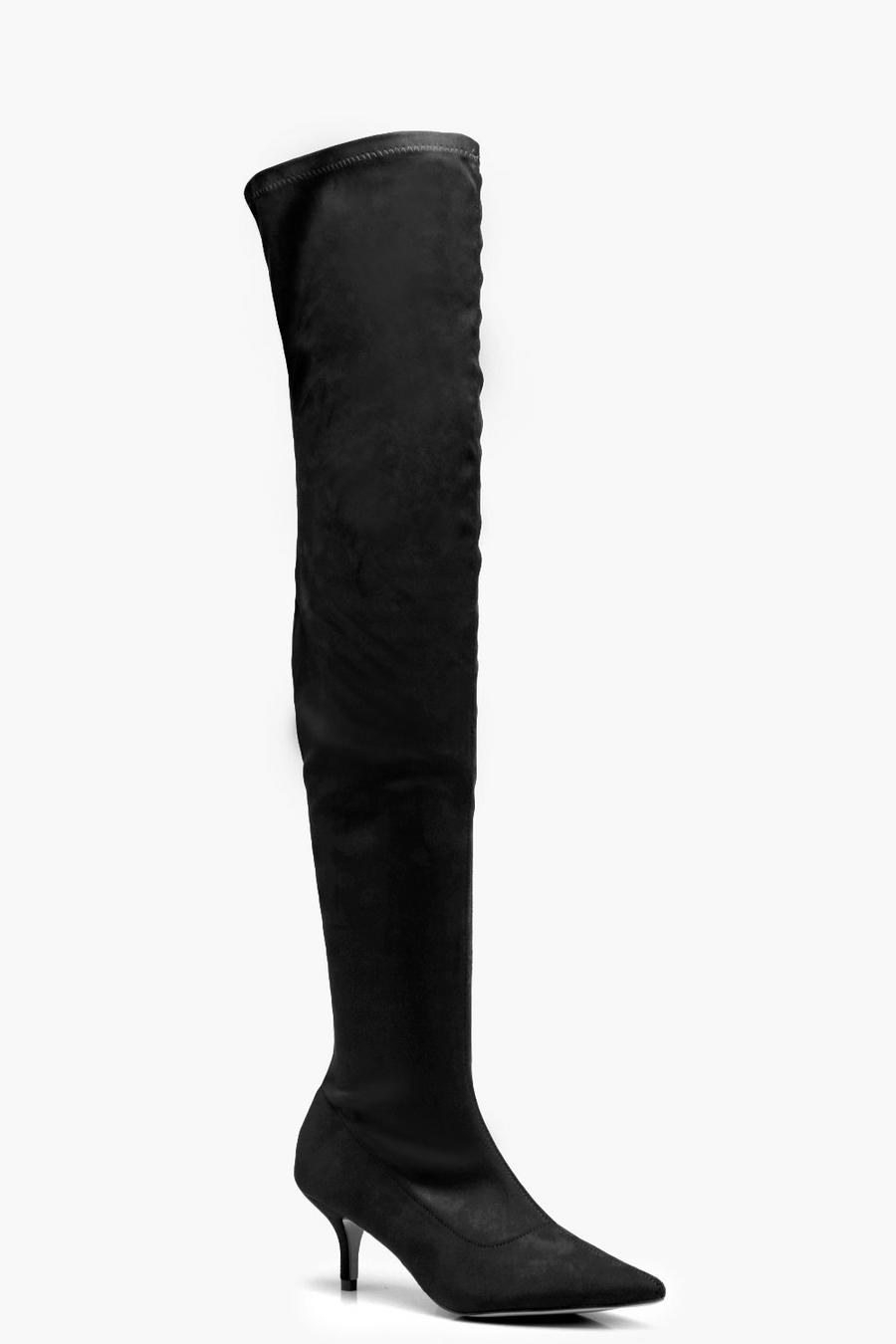 Black Jessica Pointed Kitten Heel Over the Knee Boots image number 1