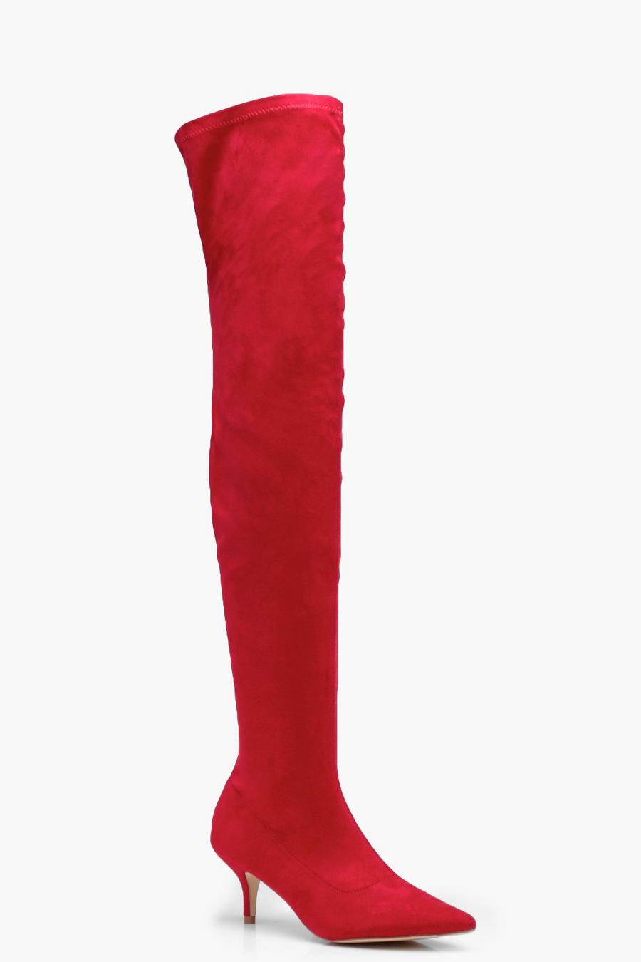 Red Jessica Pointed Kitten Heel Over the Knee Boots image number 1
