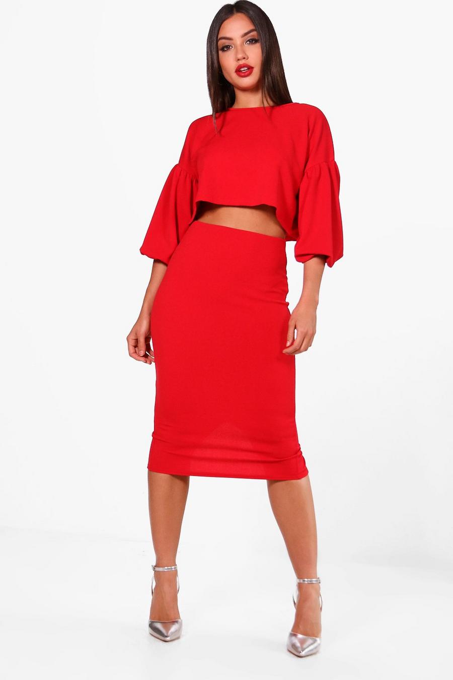 Puff Ball Sleeve Top and Midi Skirt Set image number 1