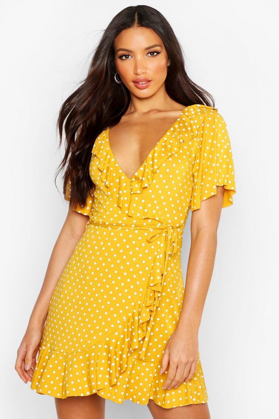 Mustard Wrap Polka Dot Print Frill Detail Tea Dress image number 1