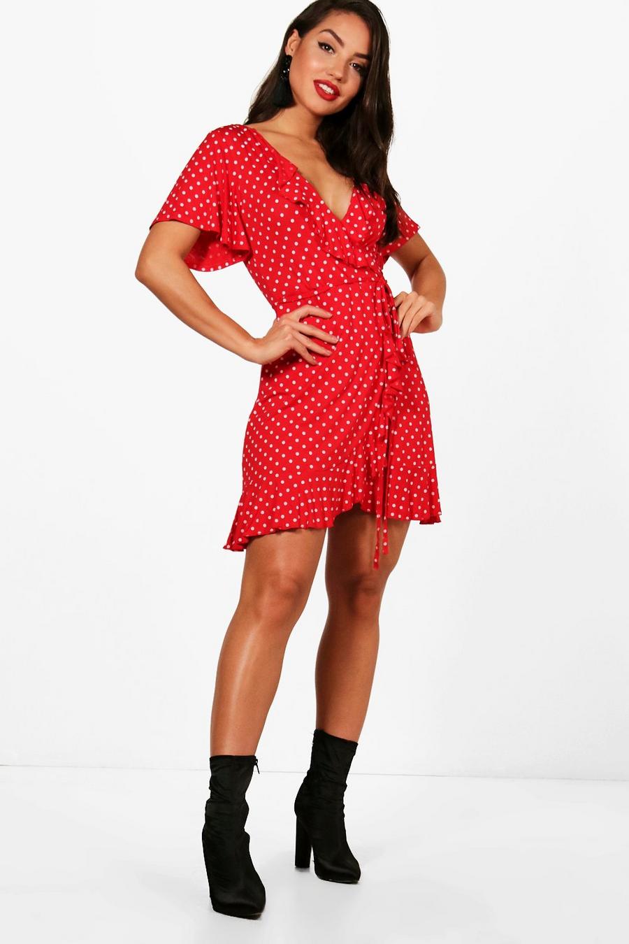 Red Wrap Polka Dot Print Frill Detail Tea Dress image number 1